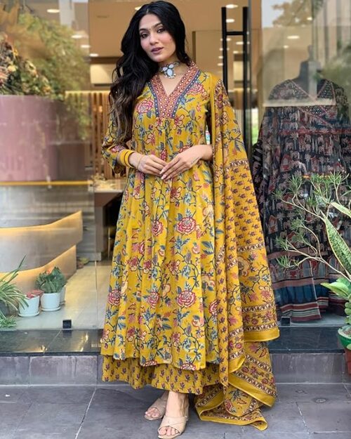 GoSriKi Women's Rayon Viscose Anarkali Printed Kurta with Palazzo & Dupatta